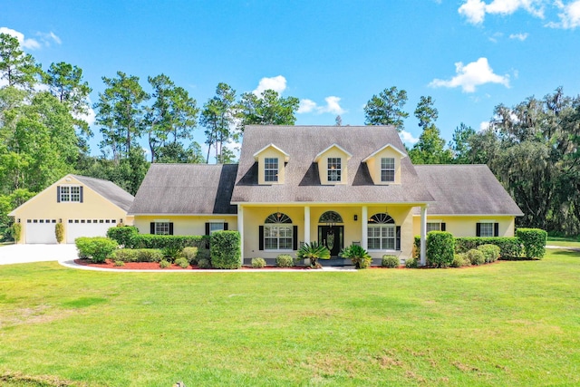 cape cod home featuring a garage, covered porch, and a front lawn