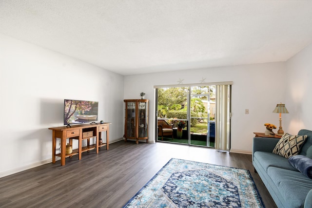 living room featuring dark wood-type flooring and a textured ceiling