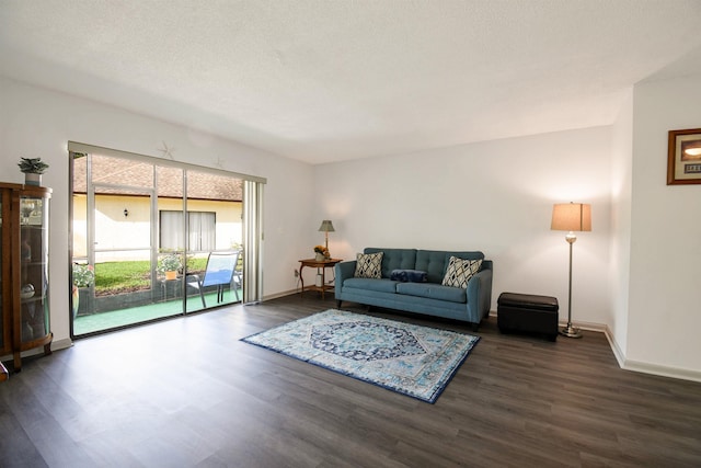 living room with a textured ceiling and dark hardwood / wood-style floors