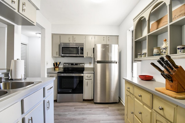 kitchen with cream cabinetry, sink, light wood-type flooring, and stainless steel appliances