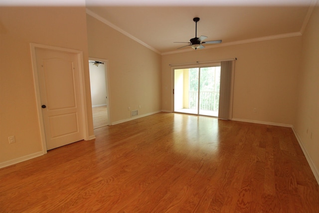 empty room featuring light hardwood / wood-style flooring, ceiling fan, and crown molding