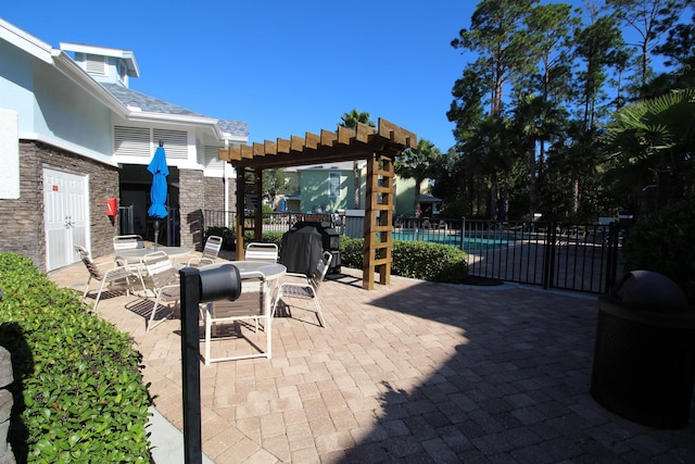 view of patio featuring a pergola, grilling area, and a fenced in pool