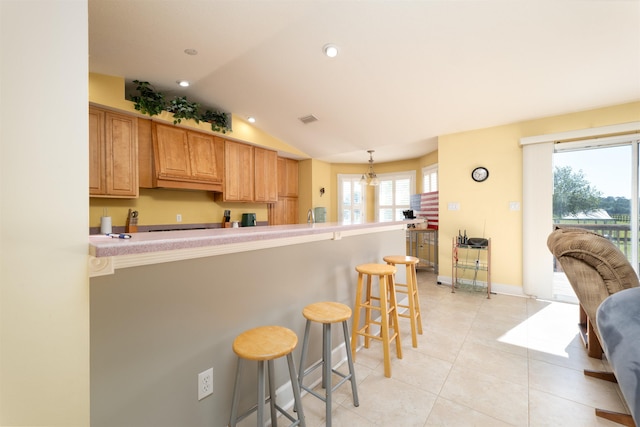 kitchen featuring a kitchen bar, a wealth of natural light, and vaulted ceiling