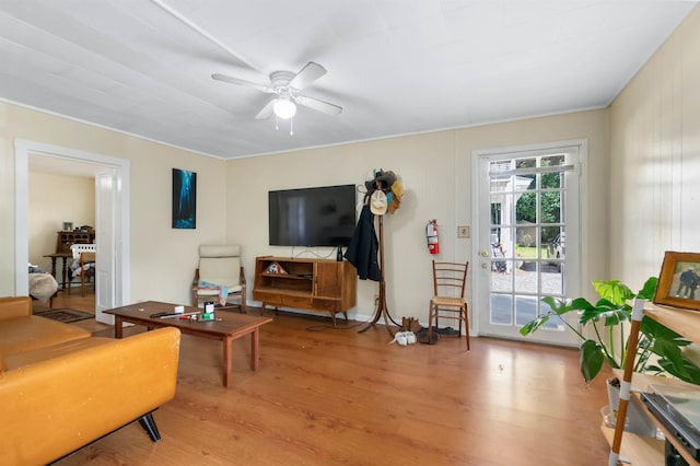 living room featuring ceiling fan and hardwood / wood-style flooring