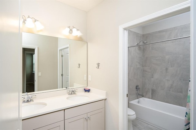 full bathroom with toilet, tile patterned floors, vanity, and shower / bathtub combination with curtain