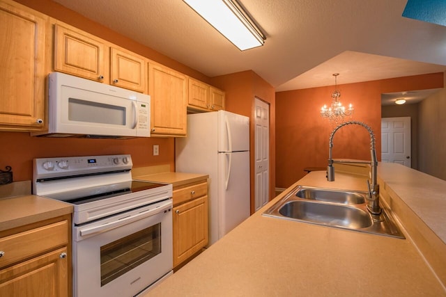 kitchen featuring sink, white appliances, a notable chandelier, decorative light fixtures, and light brown cabinets