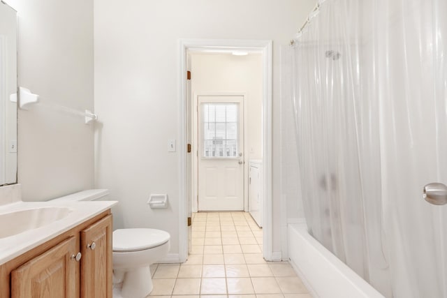 full bathroom with toilet, tile patterned flooring, shower / bath combo, and vanity