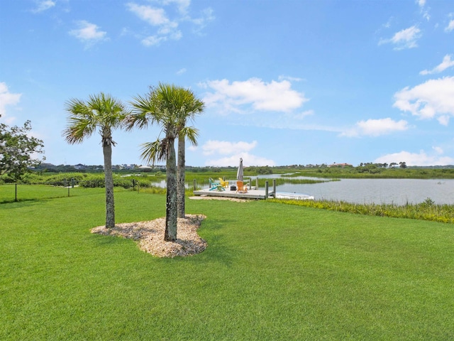 view of yard with a water view and a dock