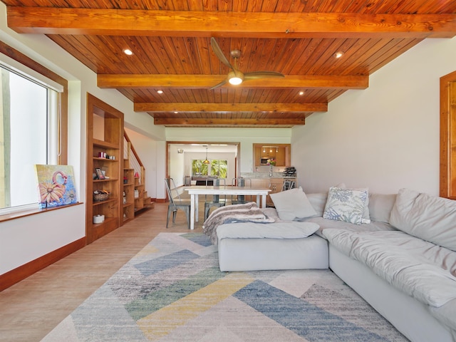 living room featuring ceiling fan, wood ceiling, and a wealth of natural light