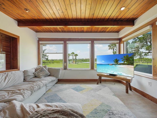 sunroom with beamed ceiling and wood ceiling