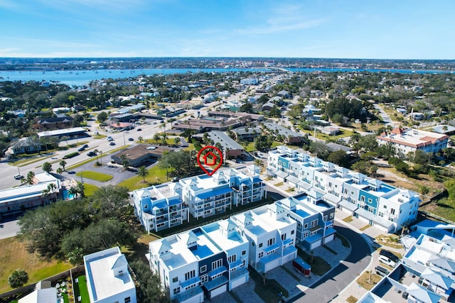 drone / aerial view featuring a water view