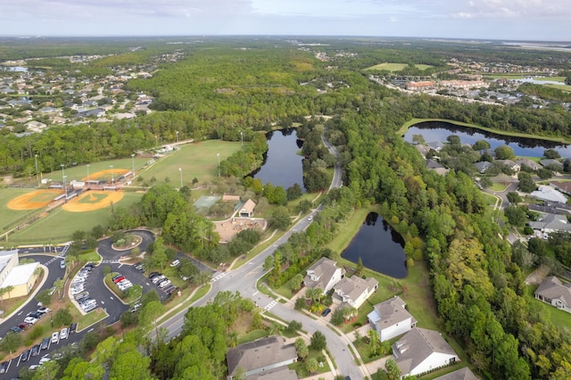 drone / aerial view with a water view