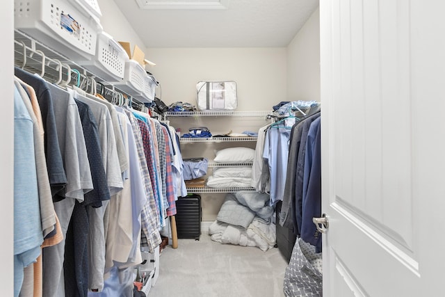 walk in closet with light colored carpet