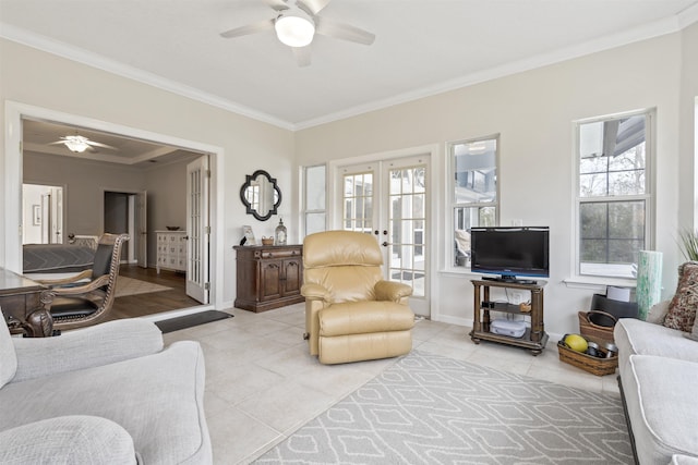 living area featuring light tile patterned floors, ceiling fan, ornamental molding, and french doors