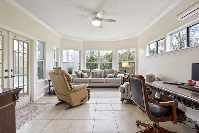 sunroom / solarium with a ceiling fan and an AC wall unit