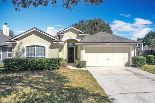 ranch-style home featuring a garage and a front yard