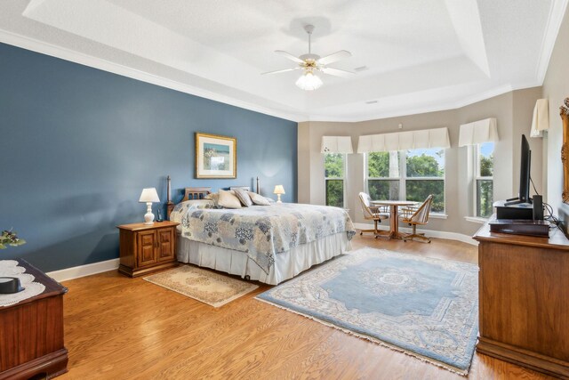 613 Wild Bird Ln, Saint Augustine, FL 32080 - bedroom featuring a tray ceiling, light wood-style flooring, ornamental molding, and baseboards