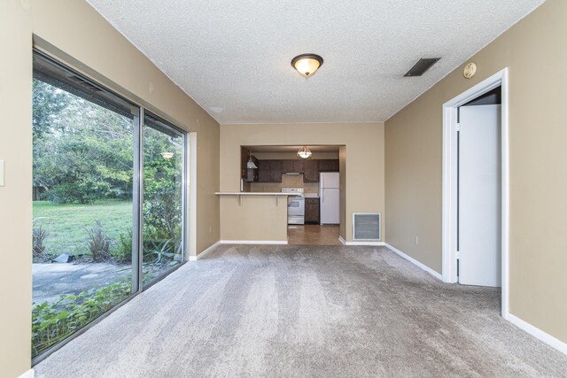 unfurnished living room featuring carpet flooring and a textured ceiling