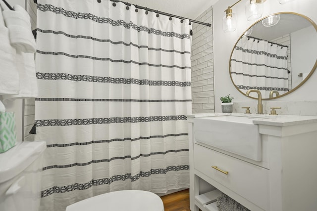 bathroom with vanity, hardwood / wood-style flooring, and toilet