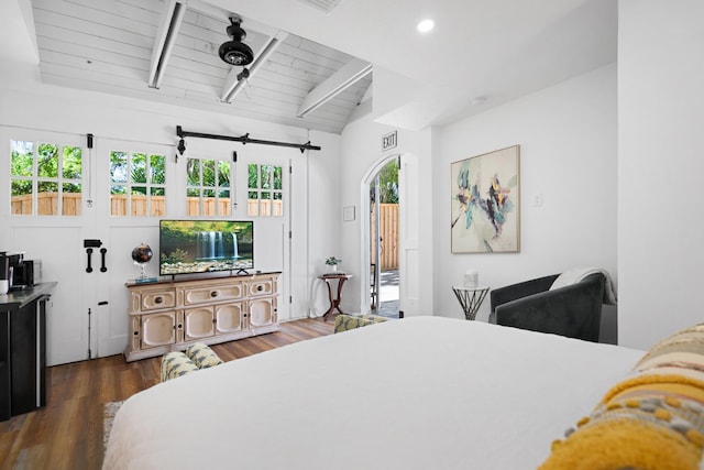 bedroom featuring multiple windows, vaulted ceiling with beams, wood ceiling, and dark hardwood / wood-style flooring