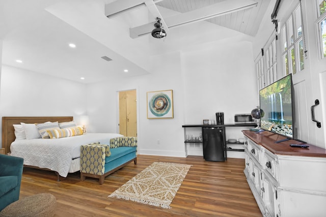 bedroom with dark wood-type flooring, high vaulted ceiling, and beamed ceiling