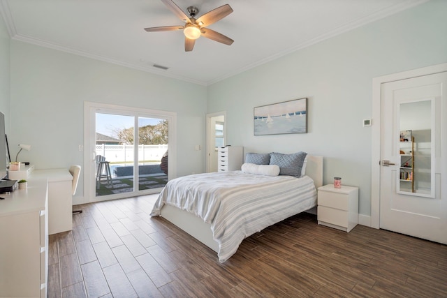 bedroom with access to exterior, visible vents, ornamental molding, and dark wood-style floors