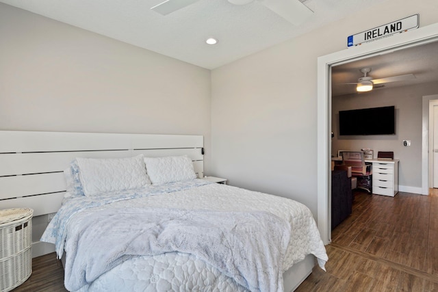 bedroom featuring recessed lighting, ceiling fan, baseboards, and wood finished floors