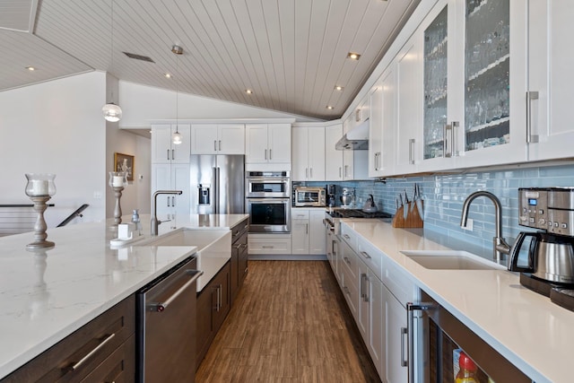 kitchen featuring range hood, high quality appliances, white cabinetry, and a sink