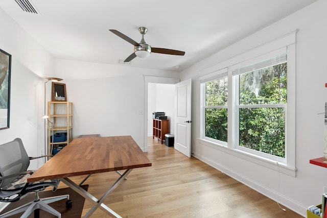 office space featuring baseboards, ceiling fan, visible vents, and light wood finished floors