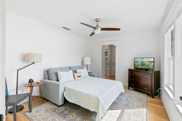 bedroom with visible vents, ceiling fan, and light wood finished floors