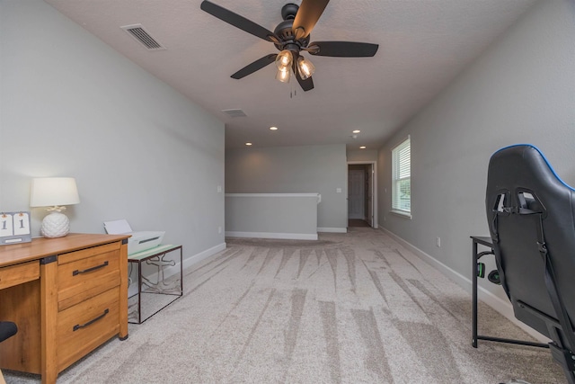 office with baseboards, visible vents, light colored carpet, ceiling fan, and recessed lighting