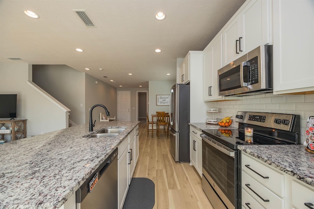 kitchen with appliances with stainless steel finishes, a sink, visible vents, and white cabinetry