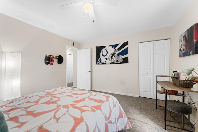 bedroom with ceiling fan, carpet floors, and a closet