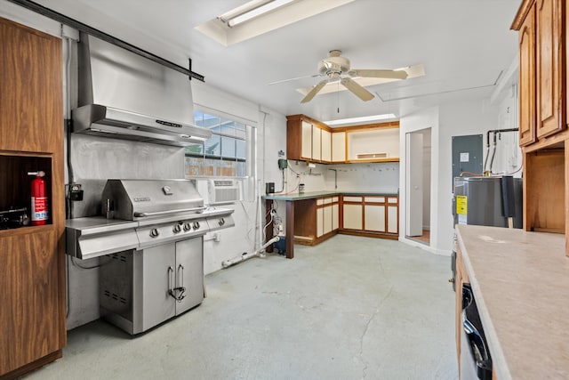 kitchen with cooling unit, a skylight, exhaust hood, and ceiling fan