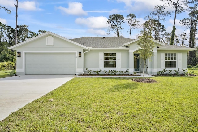 single story home with a front lawn and a garage