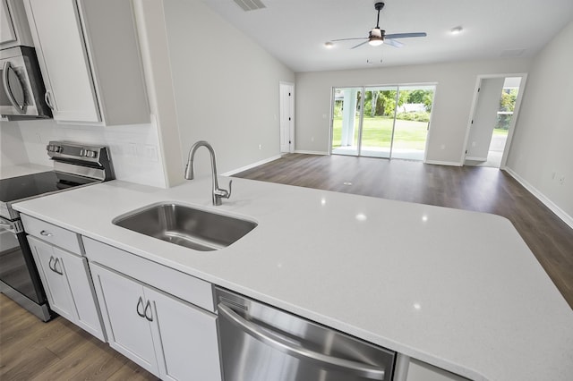 kitchen featuring ceiling fan, tasteful backsplash, sink, appliances with stainless steel finishes, and dark wood-type flooring