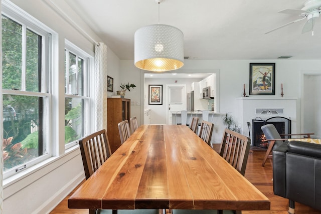 dining room featuring plenty of natural light, ceiling fan, and light hardwood / wood-style flooring