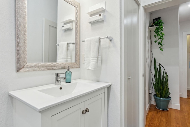 bathroom with wood-type flooring and vanity