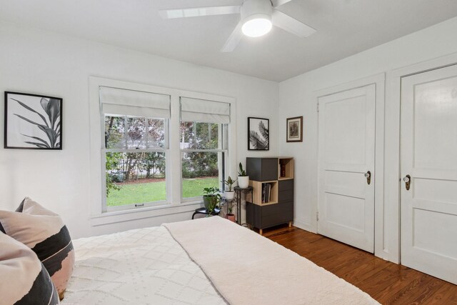 bedroom featuring ceiling fan and dark hardwood / wood-style floors