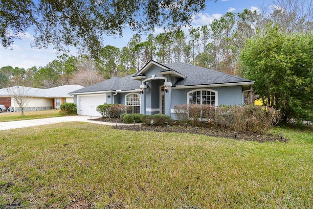 ranch-style house with roof with shingles, stucco siding, concrete driveway, a garage, and a front lawn