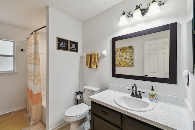 full bathroom with toilet, a textured ceiling, tile patterned floors, vanity, and shower / bathtub combination with curtain