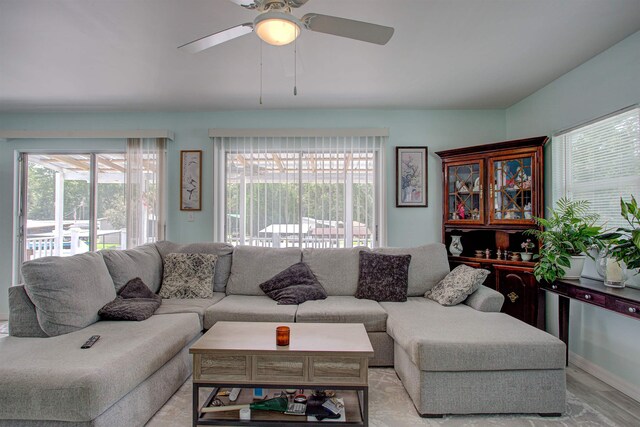 living room featuring ceiling fan and light hardwood / wood-style flooring