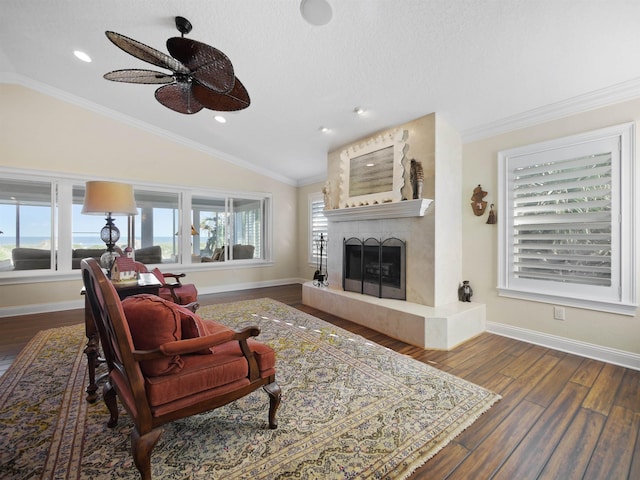 living room featuring crown molding, a large fireplace, and dark wood-type flooring