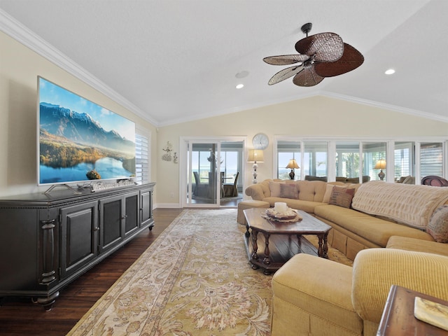 living room with ceiling fan, dark hardwood / wood-style flooring, lofted ceiling, and ornamental molding