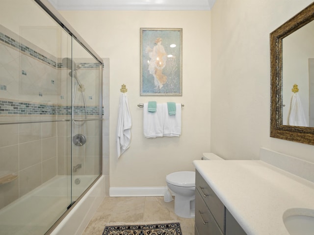 full bathroom with vanity, shower / bath combination with glass door, tile patterned flooring, toilet, and ornamental molding