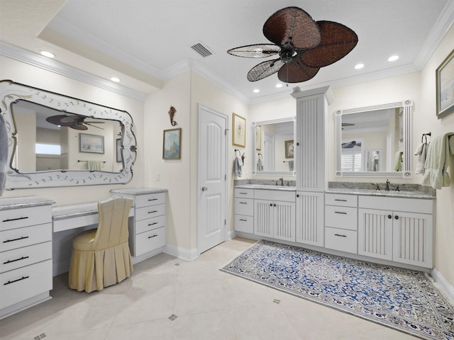 bathroom with tile patterned flooring, vanity, ceiling fan, and crown molding