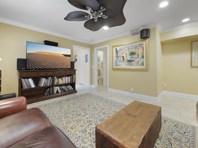 living room featuring ceiling fan and ornamental molding