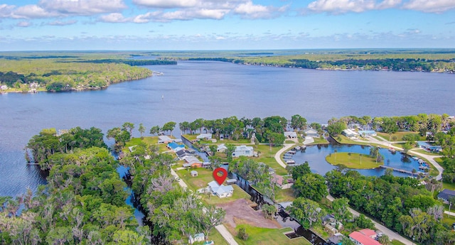 bird's eye view with a water view