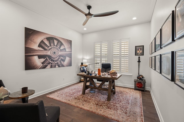87 Amarante Ln, Saint Augustine, FL 32095 - home office featuring a ceiling fan, wood finished floors, baseboards, recessed lighting, and ornamental molding