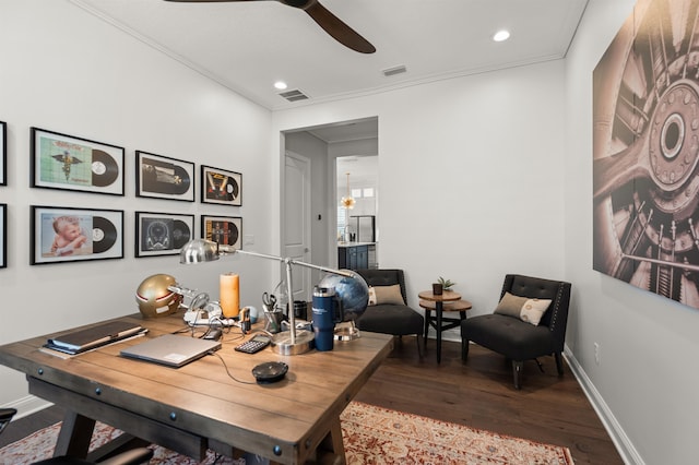 87 Amarante Ln, Saint Augustine, FL 32095 - office with wood finished floors, ceiling fan, ornamental molding, baseboards, and recessed lighting